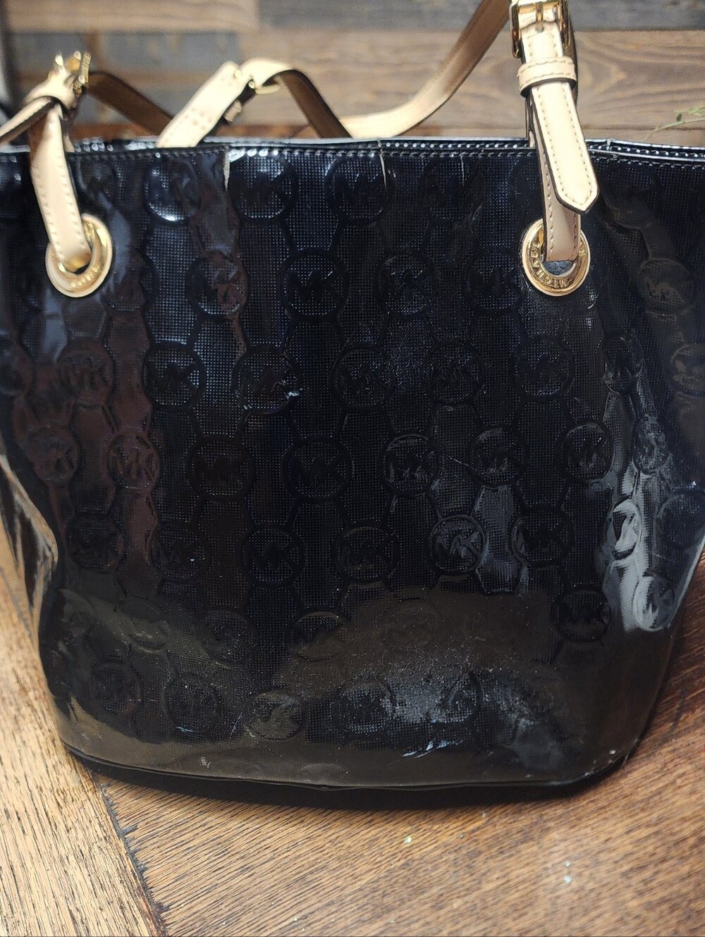 Michael Kors Black Patent Tote with Cream Handles and Gold Hardware